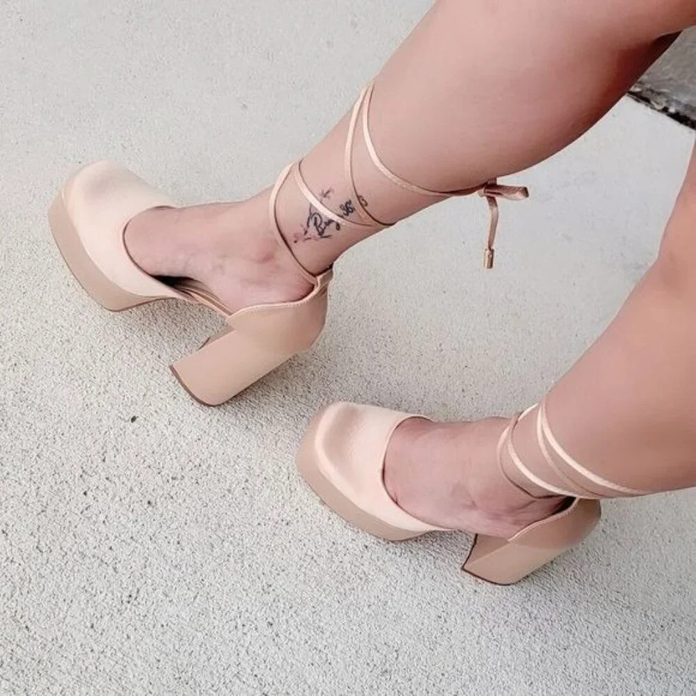 Champagne Platform High Heel Sandals Women Lace Up Square Close